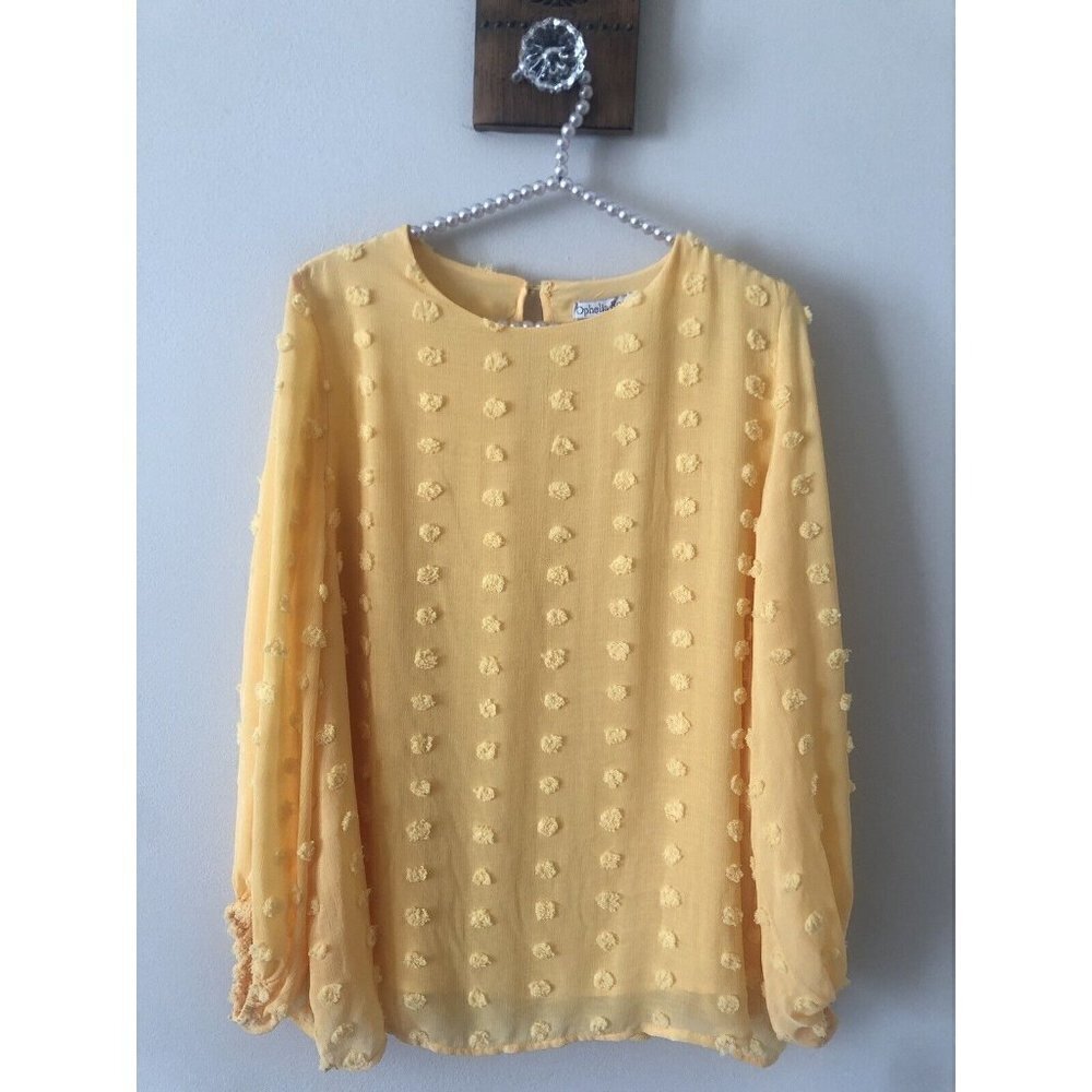NWT Ophelia Roe Size Large Yellow Pom Pom Blouse Long Sleeve
